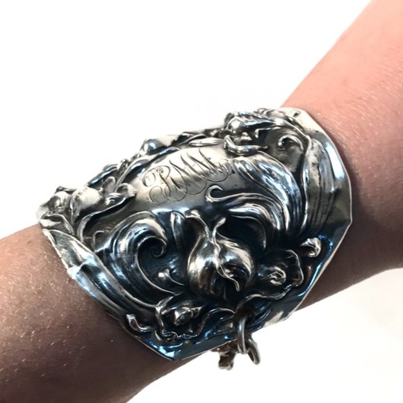 Rare Antique Goddess Sterling Silver Cuff Bracelet Victorian 925 Lady Face Wide - Picture 3 of 11
